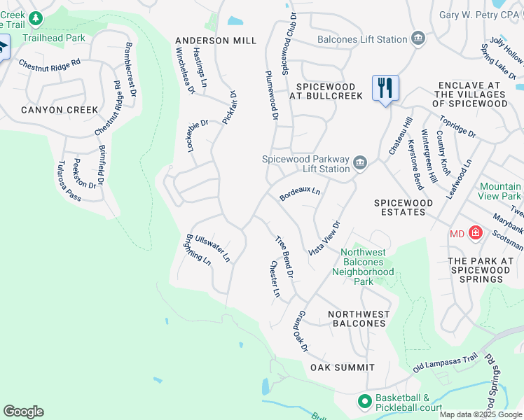 map of restaurants, bars, coffee shops, grocery stores, and more near 10303 Spicewood Parkway in Austin