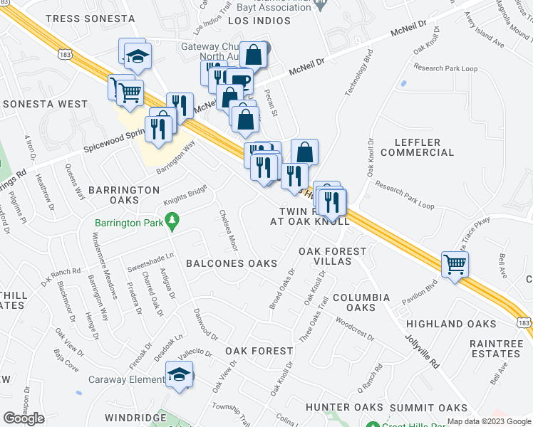 map of restaurants, bars, coffee shops, grocery stores, and more near 12148 Jollyville Road in Austin