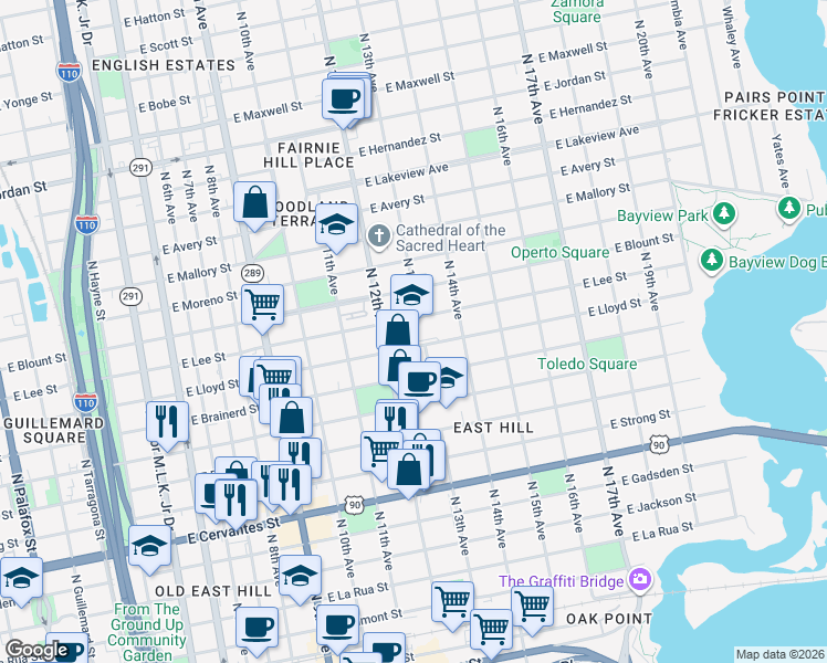 map of restaurants, bars, coffee shops, grocery stores, and more near 1310 North 12th Avenue in Pensacola
