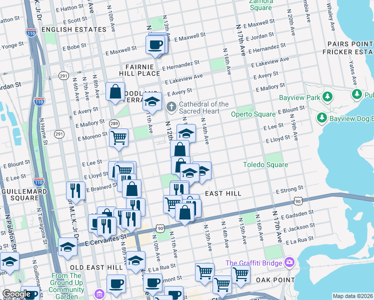 map of restaurants, bars, coffee shops, grocery stores, and more near 1310 North 12th Avenue in Pensacola