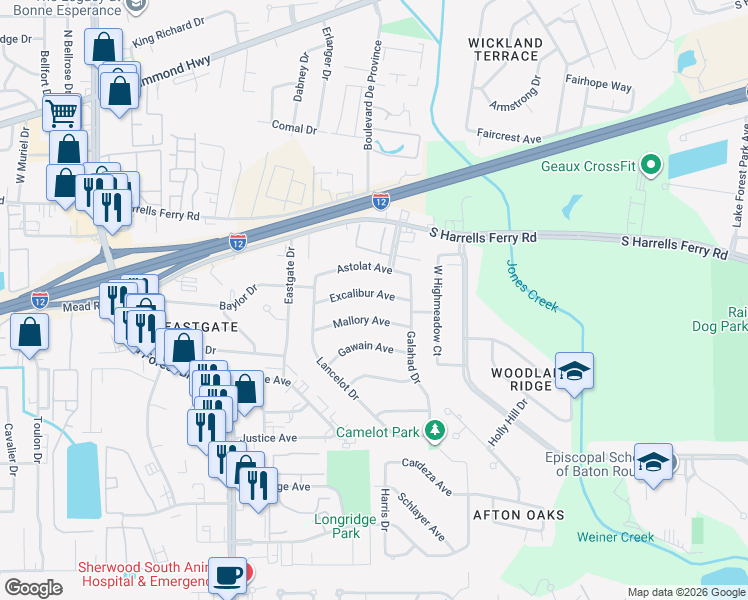 map of restaurants, bars, coffee shops, grocery stores, and more near 12416 Excalibur Avenue in Baton Rouge