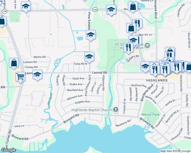 map of restaurants, bars, coffee shops, grocery stores, and more near 2339 Quail Avenue in Jacksonville
