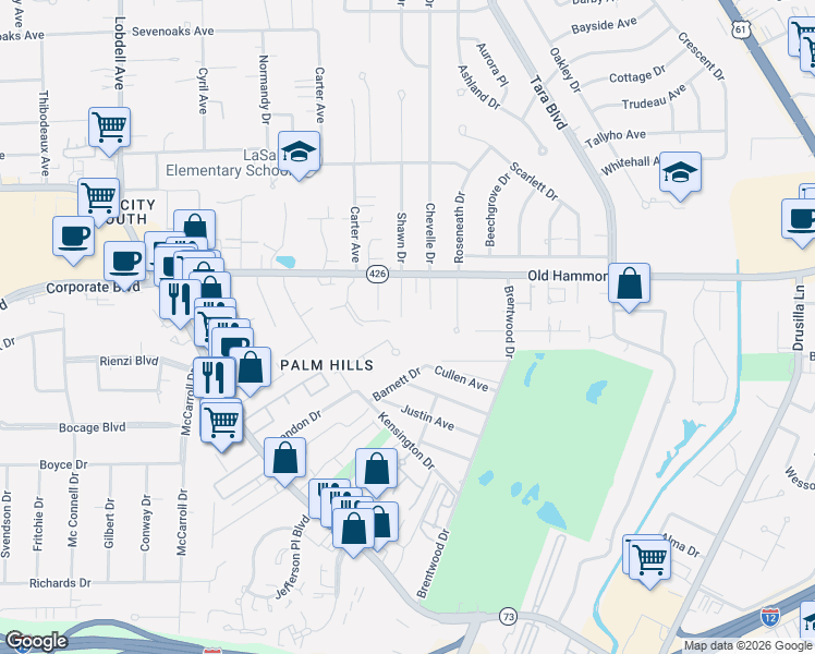 map of restaurants, bars, coffee shops, grocery stores, and more near 2277 Donray Drive in Baton Rouge