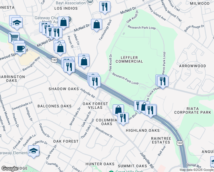 map of restaurants, bars, coffee shops, grocery stores, and more near 12401 Research Boulevard in Austin