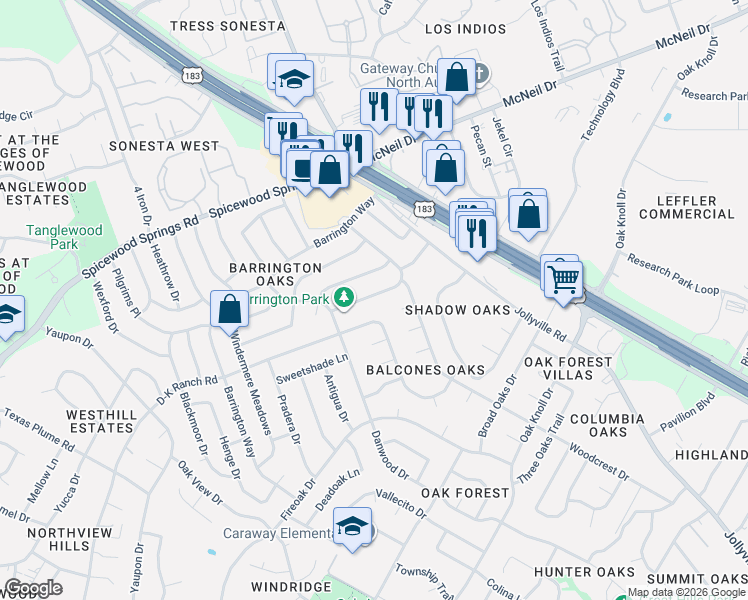 map of restaurants, bars, coffee shops, grocery stores, and more near 11809 Charing Cross Road in Austin