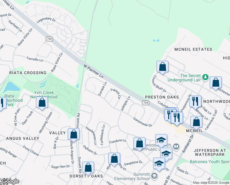 map of restaurants, bars, coffee shops, grocery stores, and more near 12610 Andromeda Cove in Austin
