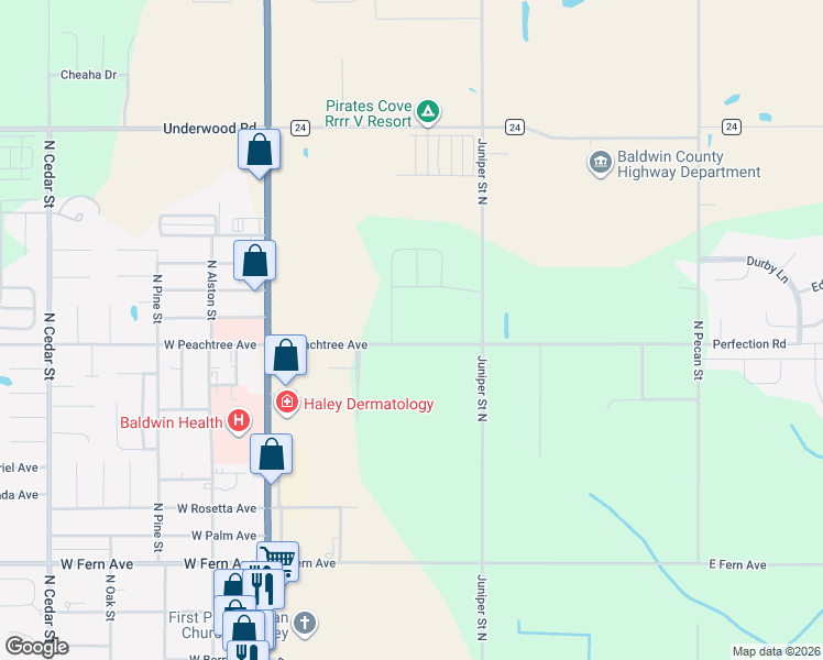 map of restaurants, bars, coffee shops, grocery stores, and more near 431 East Peachtree Avenue in Foley