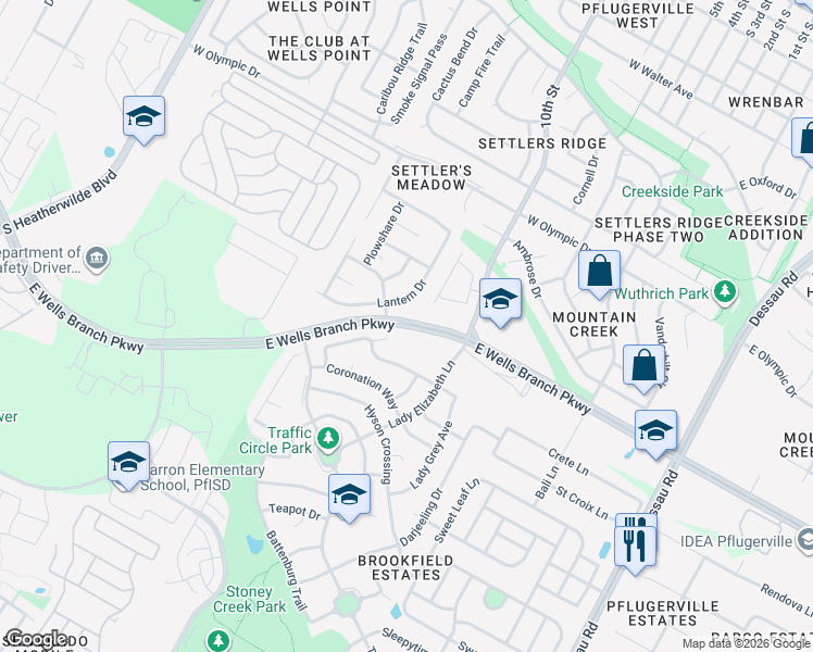 map of restaurants, bars, coffee shops, grocery stores, and more near Wells Branch Parkway in Pflugerville