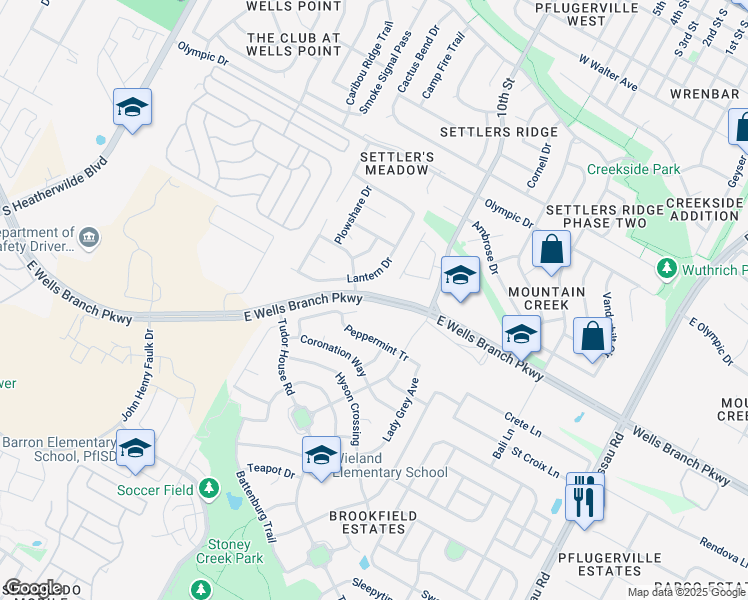 map of restaurants, bars, coffee shops, grocery stores, and more near Wells Branch Parkway in Pflugerville
