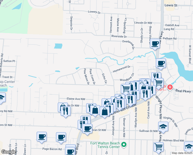 map of restaurants, bars, coffee shops, grocery stores, and more near 117 Pinewood Terrace in Fort Walton Beach