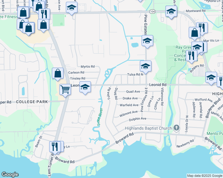 map of restaurants, bars, coffee shops, grocery stores, and more near 10640 Tulsa Road in Jacksonville