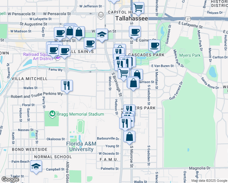 map of restaurants, bars, coffee shops, grocery stores, and more near 1437 Melvin Street in Tallahassee