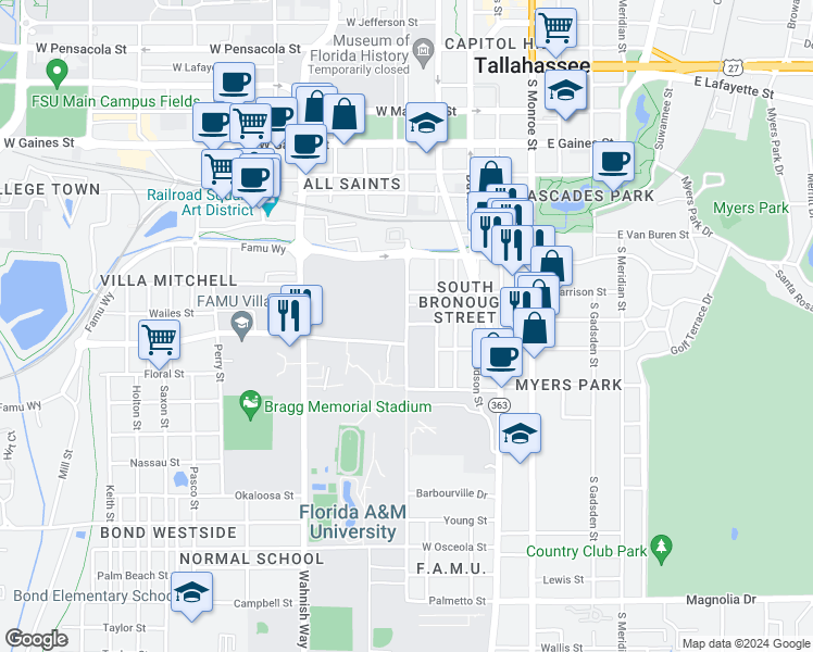map of restaurants, bars, coffee shops, grocery stores, and more near 339-399 W Pershing St in Tallahassee