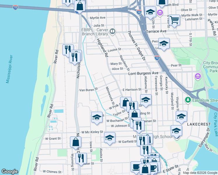 map of restaurants, bars, coffee shops, grocery stores, and more near 1920 Minnesota Street in Baton Rouge