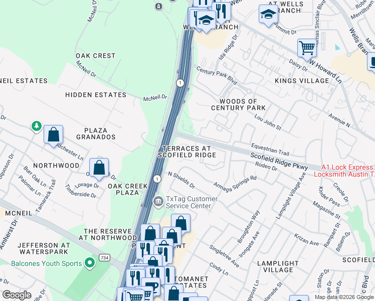 map of restaurants, bars, coffee shops, grocery stores, and more near 13139 Farm to Market Road 1325 in Austin
