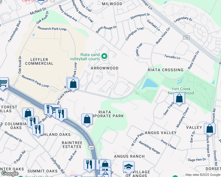 map of restaurants, bars, coffee shops, grocery stores, and more near 12440 Alameda Trace Circle in Austin