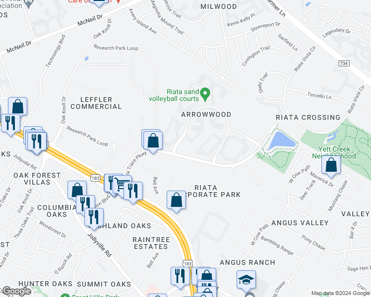 map of restaurants, bars, coffee shops, grocery stores, and more near 12300 Alameda Trace Circle in Austin