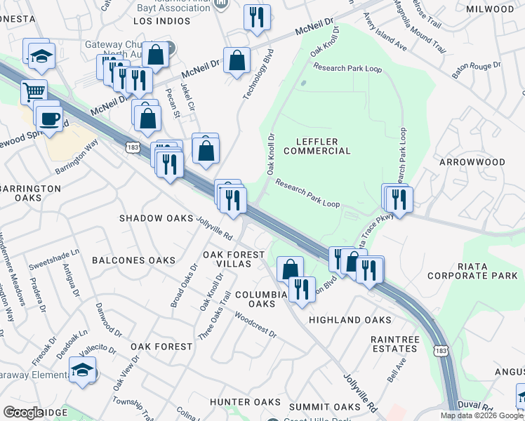 map of restaurants, bars, coffee shops, grocery stores, and more near 12401 Research Boulevard in Austin