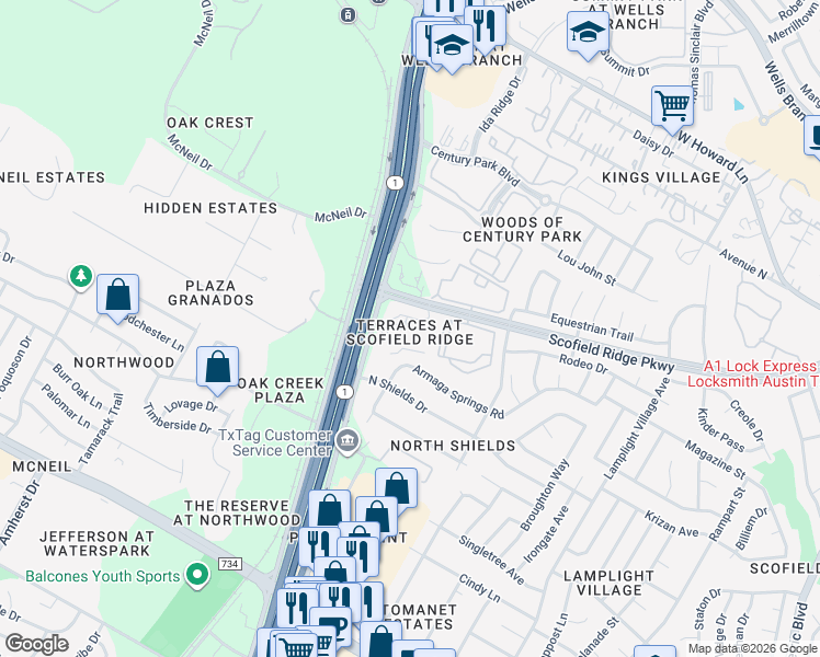 map of restaurants, bars, coffee shops, grocery stores, and more near 13139 Farm to Market Road 1325 in Austin