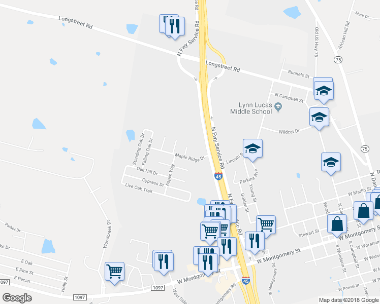 map of restaurants, bars, coffee shops, grocery stores, and more near 13050 Oak Manor Court in Willis