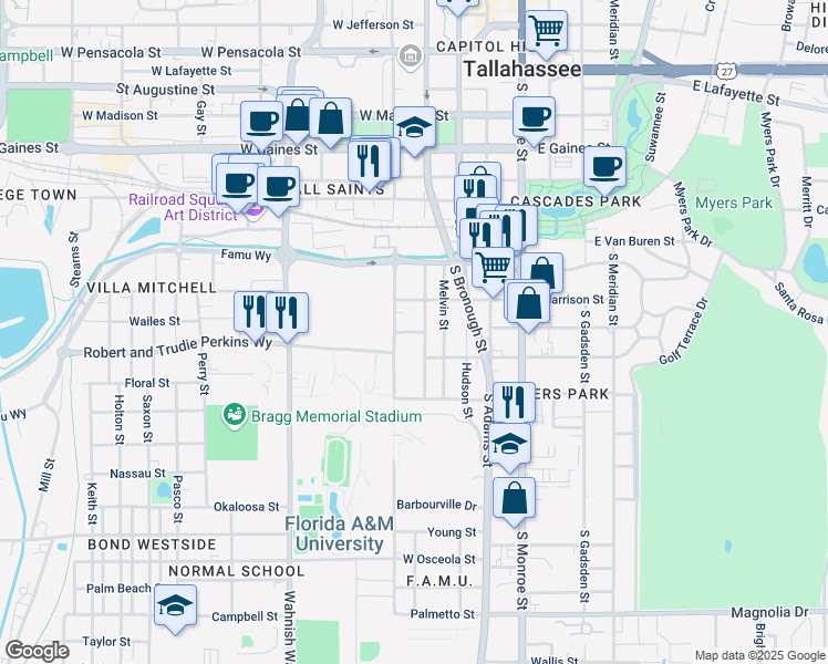 map of restaurants, bars, coffee shops, grocery stores, and more near 339 West Pershing Street in Tallahassee