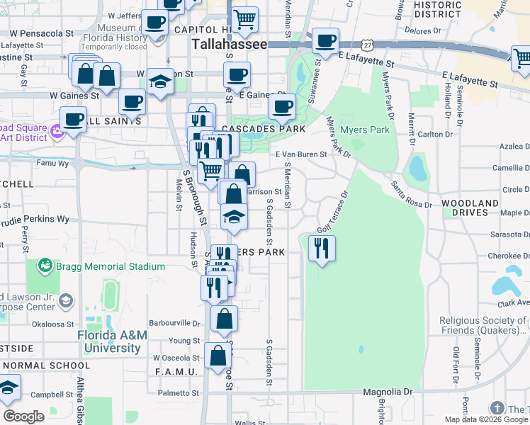map of restaurants, bars, coffee shops, grocery stores, and more near 325 East Pershing Street in Tallahassee