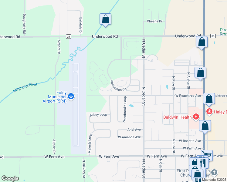 map of restaurants, bars, coffee shops, grocery stores, and more near 517 W Peachtree Ave in Foley