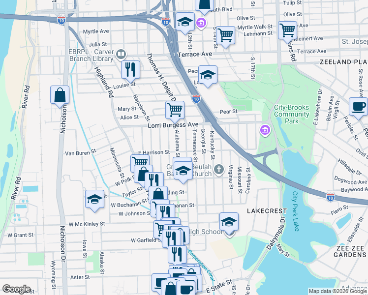 map of restaurants, bars, coffee shops, grocery stores, and more near 602 East Harrison Street in Baton Rouge