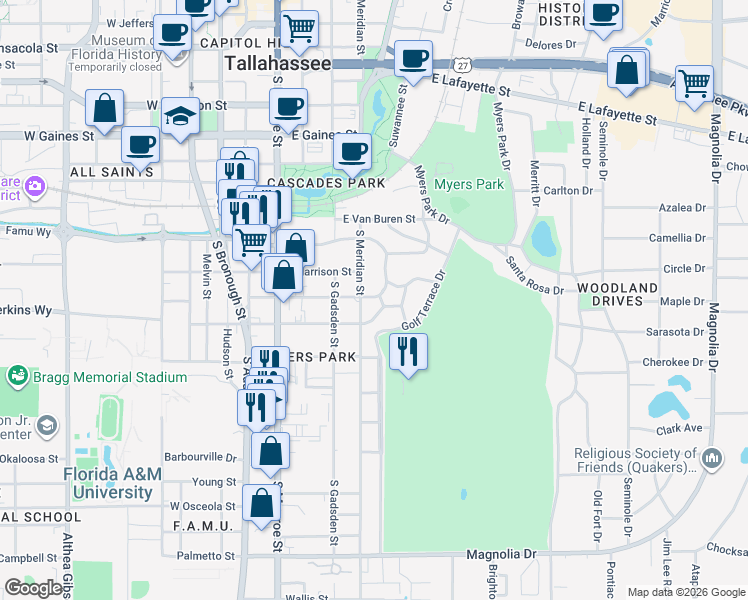 map of restaurants, bars, coffee shops, grocery stores, and more near 529 East Jennings Street in Tallahassee