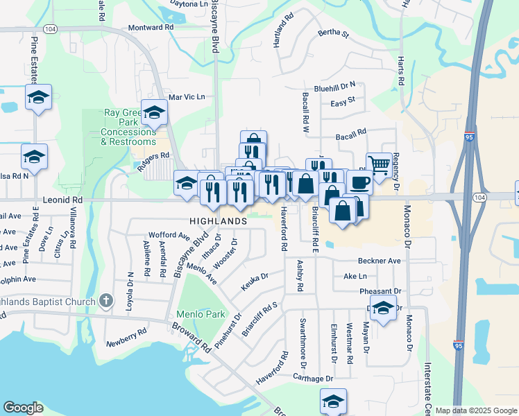 map of restaurants, bars, coffee shops, grocery stores, and more near 1332 Dunn Avenue in Jacksonville