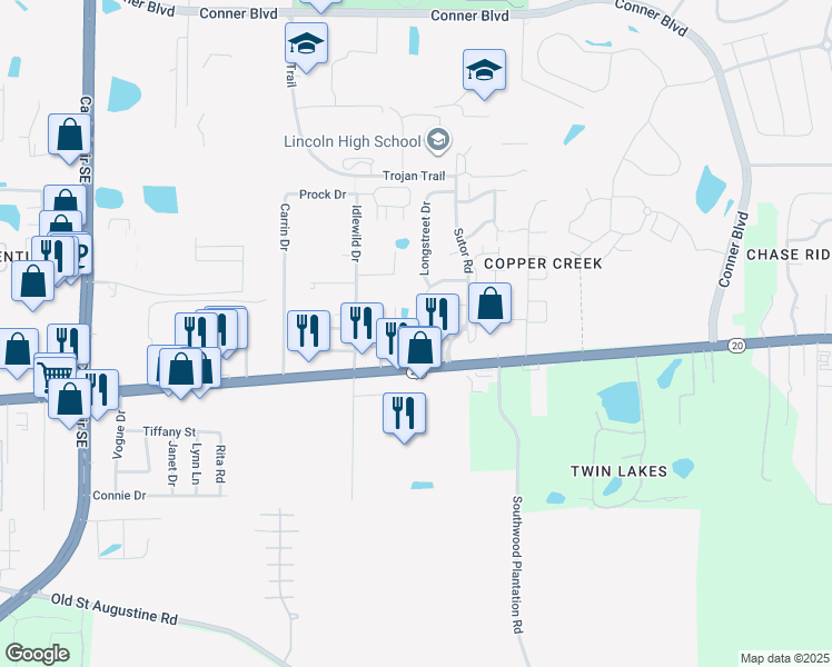 map of restaurants, bars, coffee shops, grocery stores, and more near 1530 Rabitaille Lane in Tallahassee