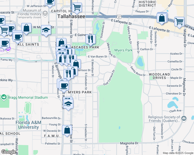 map of restaurants, bars, coffee shops, grocery stores, and more near 529 East Jennings Street in Tallahassee