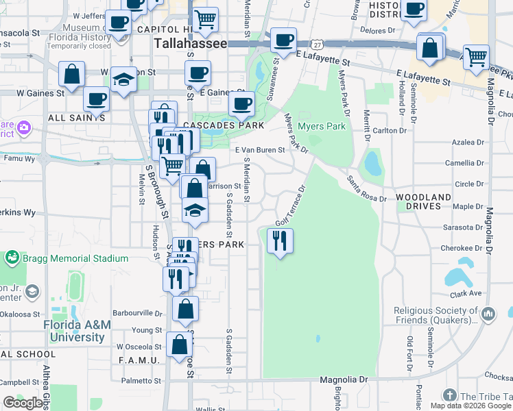 map of restaurants, bars, coffee shops, grocery stores, and more near 529 East Jennings Street in Tallahassee