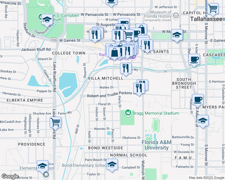 map of restaurants, bars, coffee shops, grocery stores, and more near 702 Gamble Street in Tallahassee