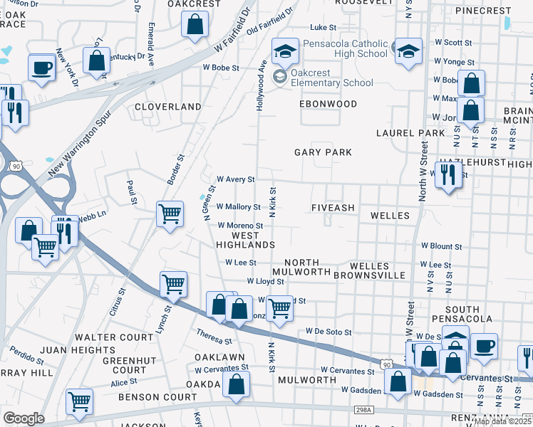 map of restaurants, bars, coffee shops, grocery stores, and more near 1602 North Kirk Street in Pensacola