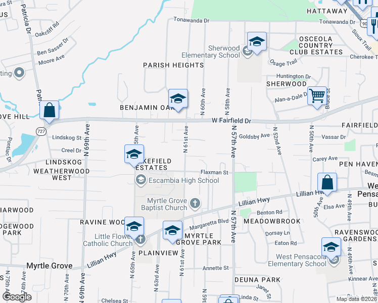 map of restaurants, bars, coffee shops, grocery stores, and more near 6001-6099 Damara Lane in Pensacola