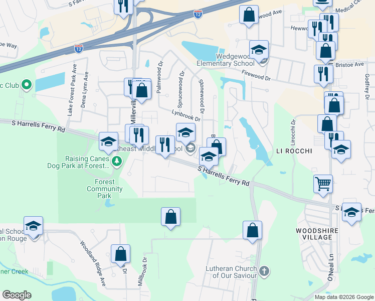 map of restaurants, bars, coffee shops, grocery stores, and more near 14935 South Harrells Ferry Road in Baton Rouge