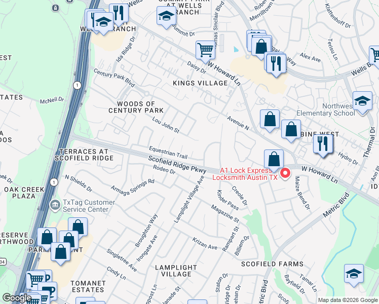 map of restaurants, bars, coffee shops, grocery stores, and more near 13400 Caballero Cove in Austin