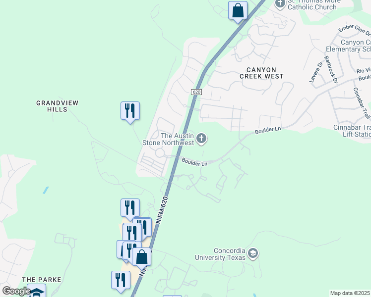 map of restaurants, bars, coffee shops, grocery stores, and more near Boulder Lane in Austin