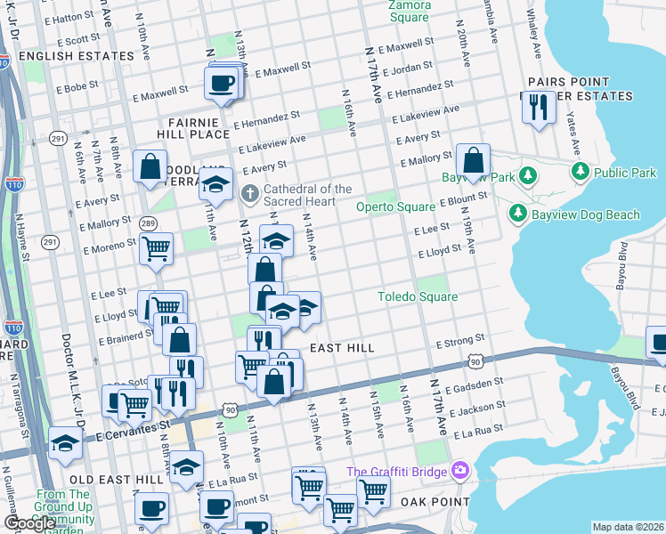 map of restaurants, bars, coffee shops, grocery stores, and more near 1422 East Lloyd Street in Pensacola