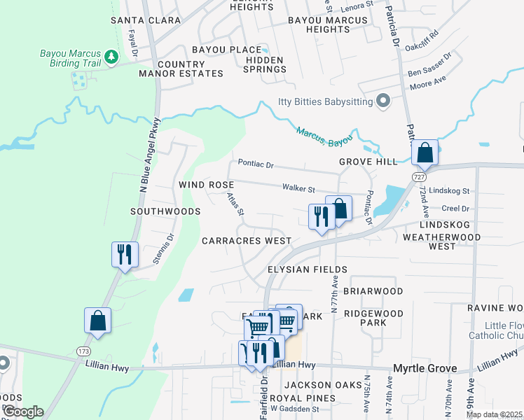 map of restaurants, bars, coffee shops, grocery stores, and more near 7874 Galaxy Court in Pensacola