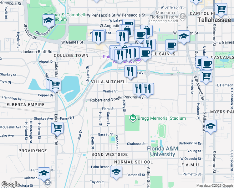 map of restaurants, bars, coffee shops, grocery stores, and more near 702 Gamble Street in Tallahassee