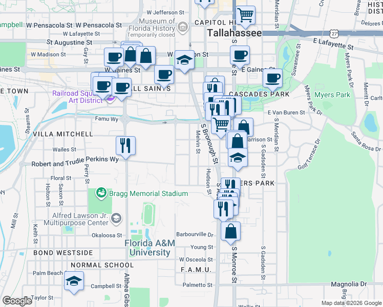 map of restaurants, bars, coffee shops, grocery stores, and more near 1423 South Bronough Street in Tallahassee