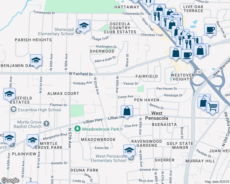 map of restaurants, bars, coffee shops, grocery stores, and more near 1511 North 50th Avenue in Pensacola