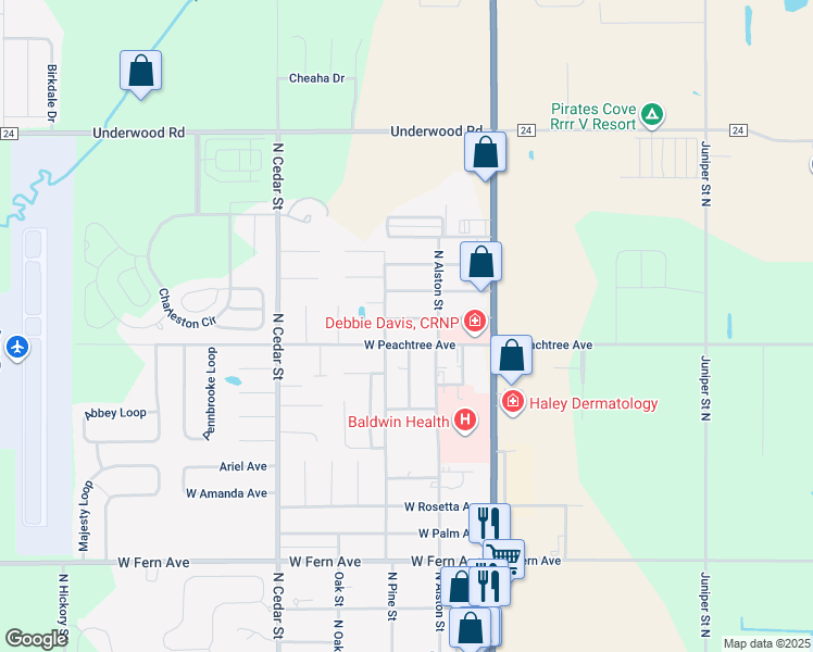 map of restaurants, bars, coffee shops, grocery stores, and more near 213 West Spruce Avenue in Foley