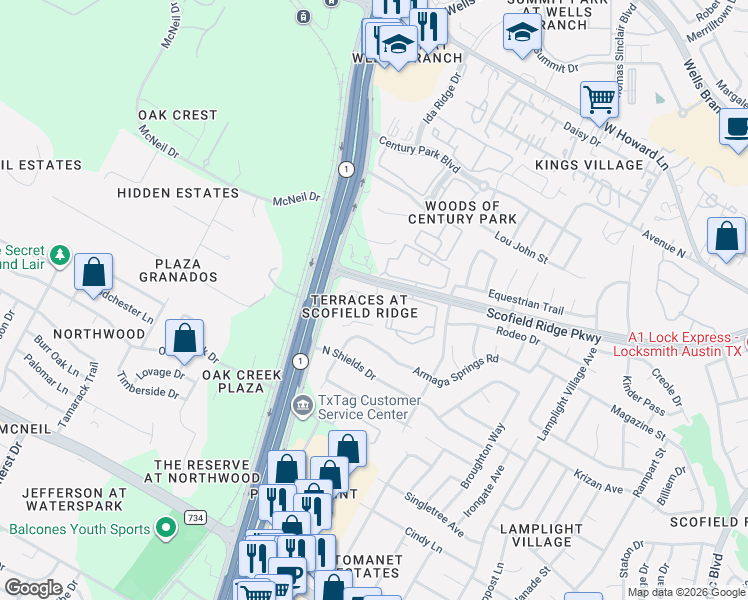 map of restaurants, bars, coffee shops, grocery stores, and more near 3001 Scofield Ridge Parkway in Austin
