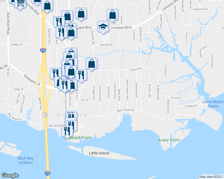 map of restaurants, bars, coffee shops, grocery stores, and more near 3062 Norton Street in D'Iberville