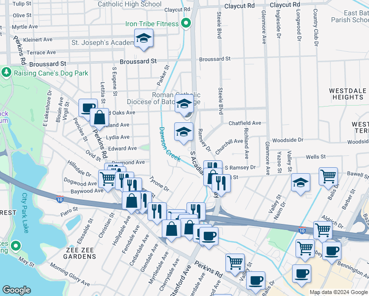 map of restaurants, bars, coffee shops, grocery stores, and more near 2040 South Acadian Thruway in Baton Rouge