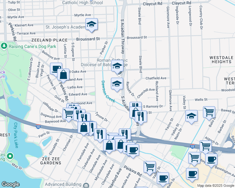 map of restaurants, bars, coffee shops, grocery stores, and more near 2040 South Acadian Thruway in Baton Rouge