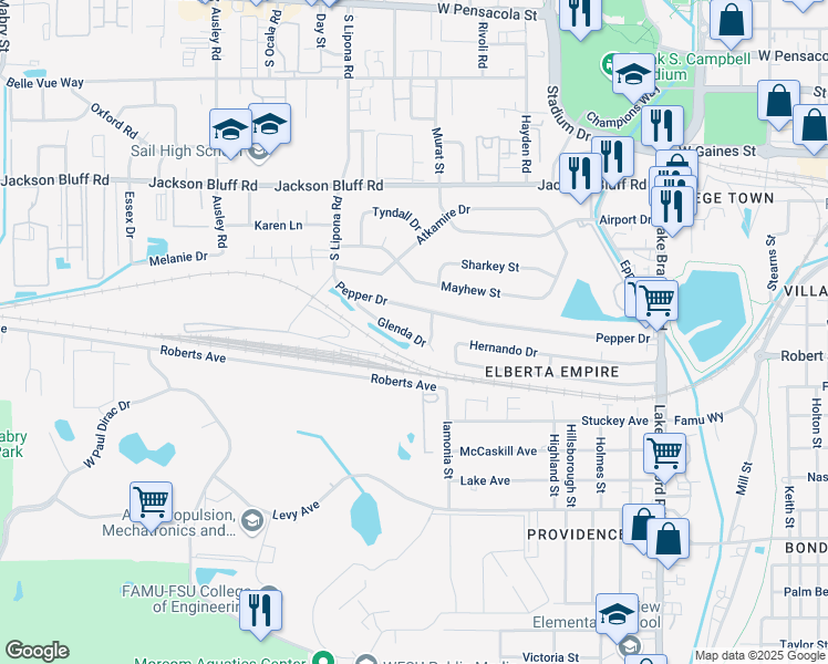 map of restaurants, bars, coffee shops, grocery stores, and more near 1412 Glenda Drive in Tallahassee